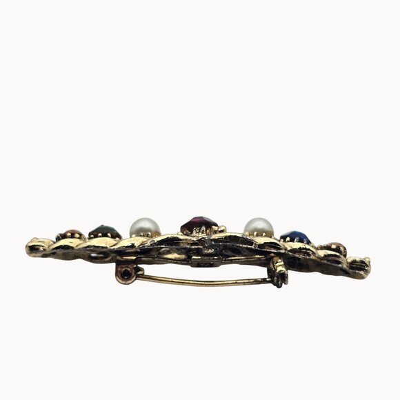 VTG Brooch Gold Tone Multicolor Rhinestone Elegant Regencycore Classy Bar Pin - Picture 6 of 11